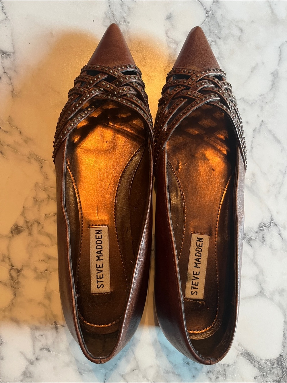 Steve Madden Brown Pointed Toe Braided Stud Flats